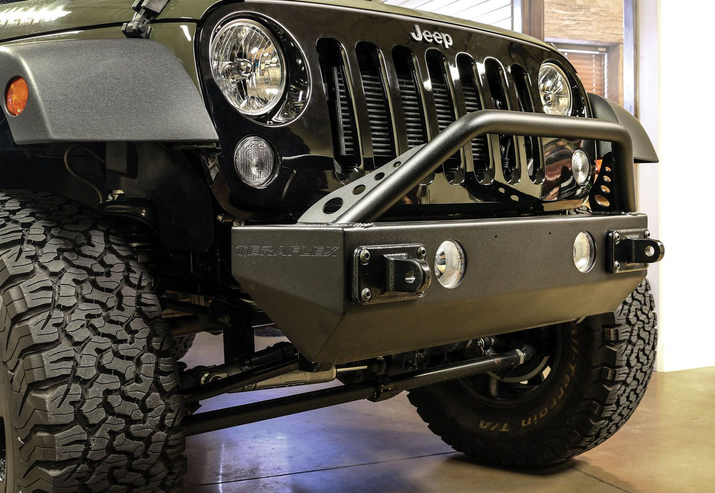 JK: RockGuard Explorer Front Bumper w/ Hoop – Offset Drum Winch